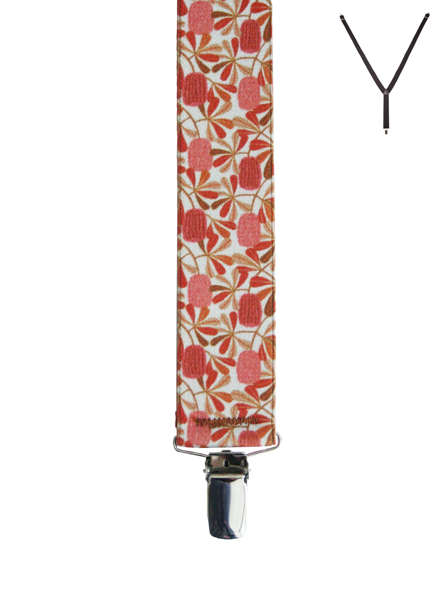 BRACES. Y-Back with Nickel Clips. Jocelyn Proust Coastal Banksia Print. Red/Beige. 35mm width.-Braces-PEROZ Accessories