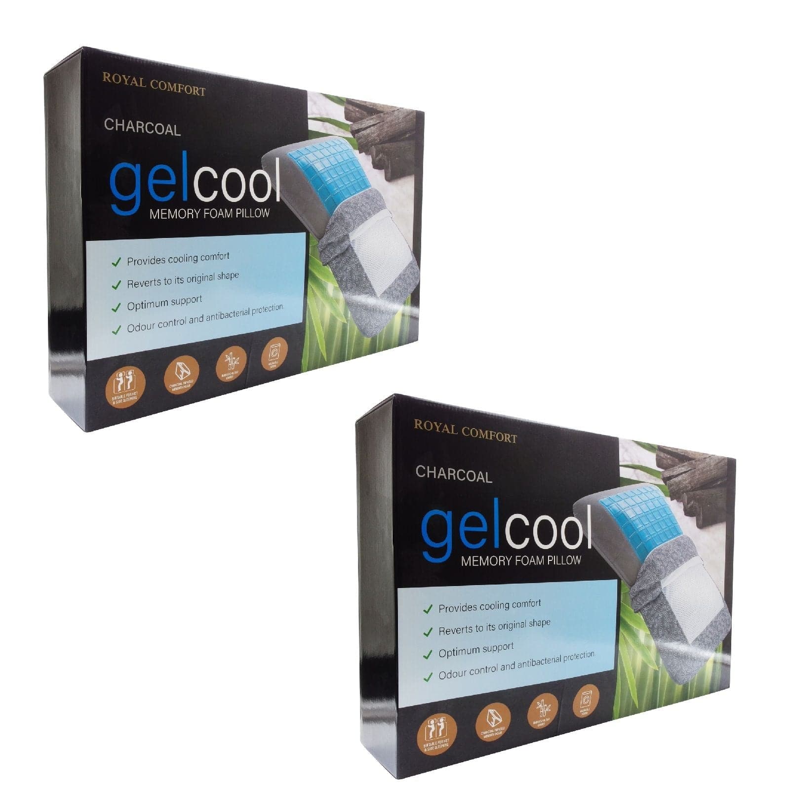 2 x Royal Comfort Cool Gel Charcoal Infused High Density Memory Foam Pillows-Bedding-PEROZ Accessories