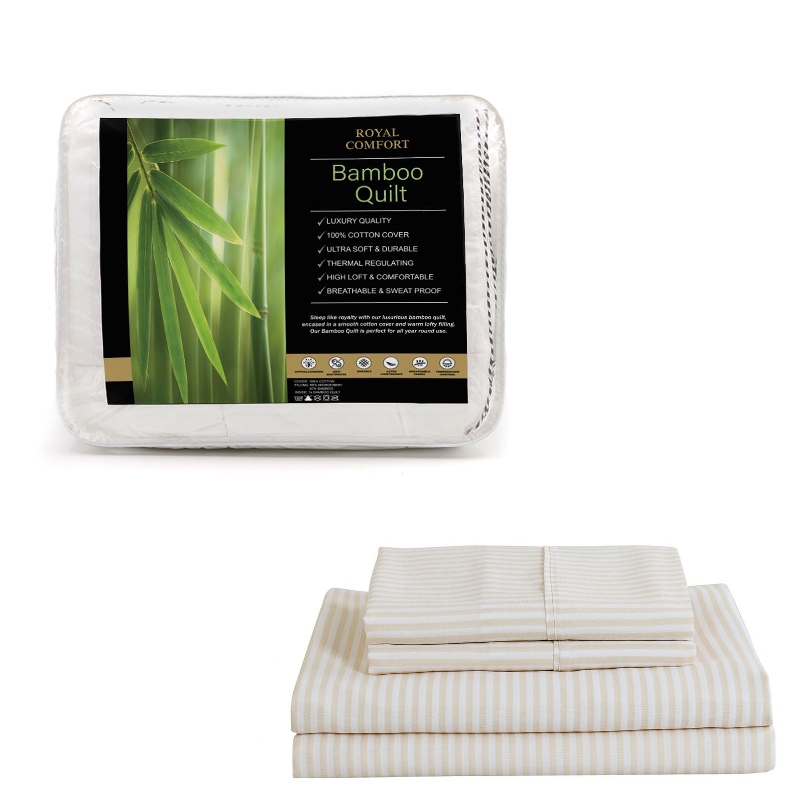 Royal Comfort Bed Set Striped Linen Quilt Cover Set And 1 x 350GSM Bamboo Quilt-Bedding-PEROZ Accessories