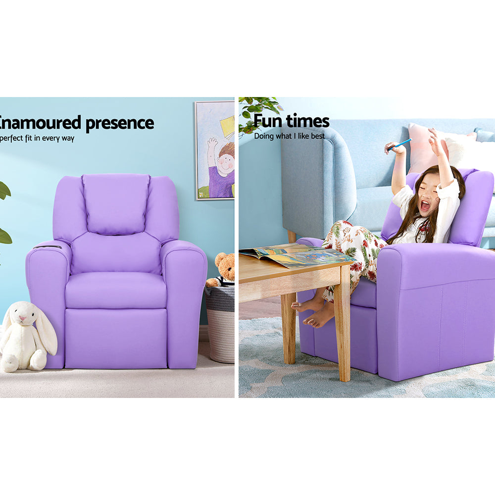 Keezi Kids Recliner Chair Purple PU Leather Sofa Lounge Couch Children Armchair-Baby & Kids > Kid&