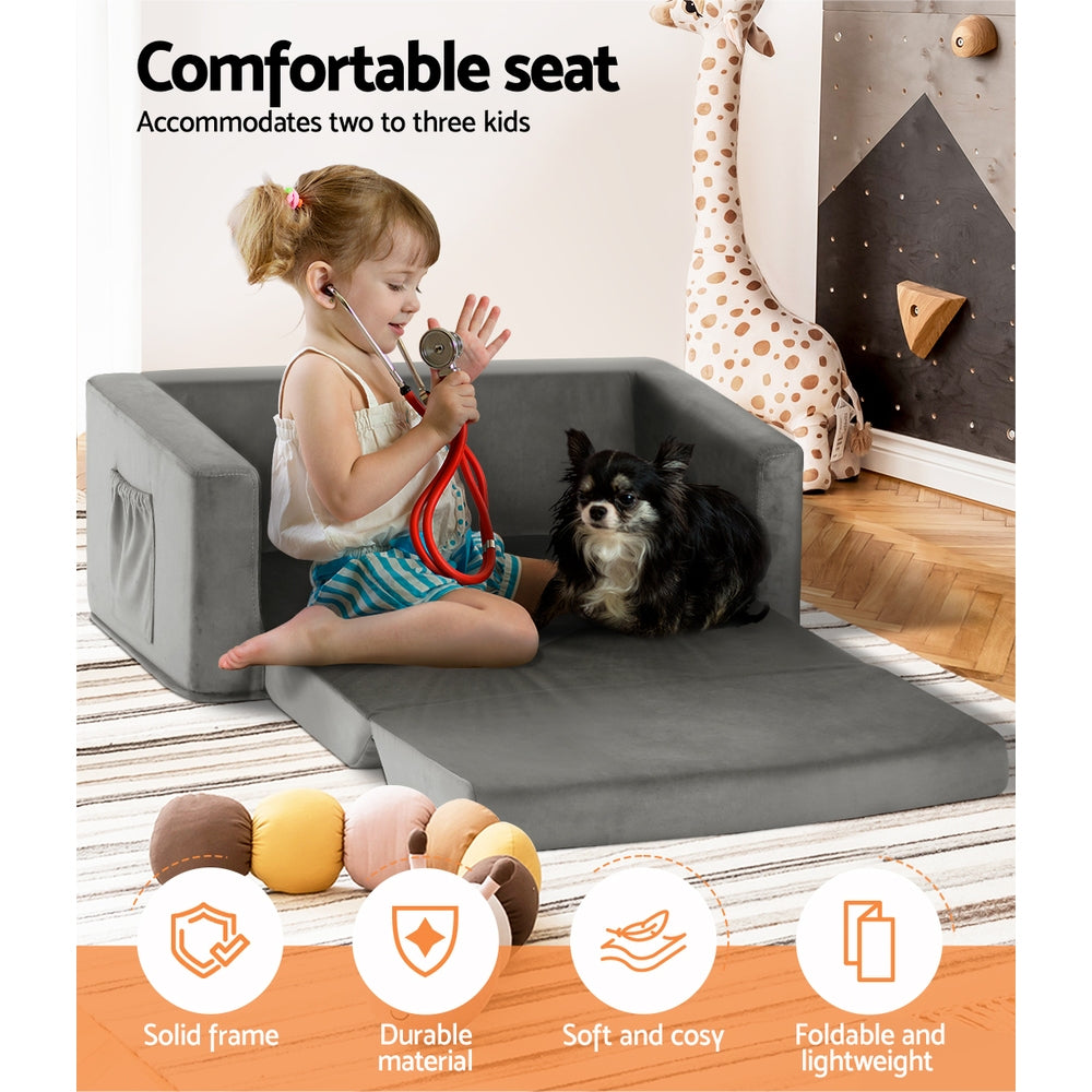 Keezi Kids Sofa 2 Seater Chair Children Flip Open Couch Armchair Grey-Baby & Kids > Kid&