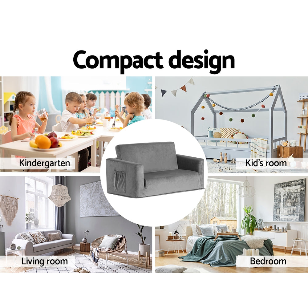 Keezi Kids Sofa 2 Seater Chair Children Flip Open Couch Armchair Grey-Baby & Kids > Kid&