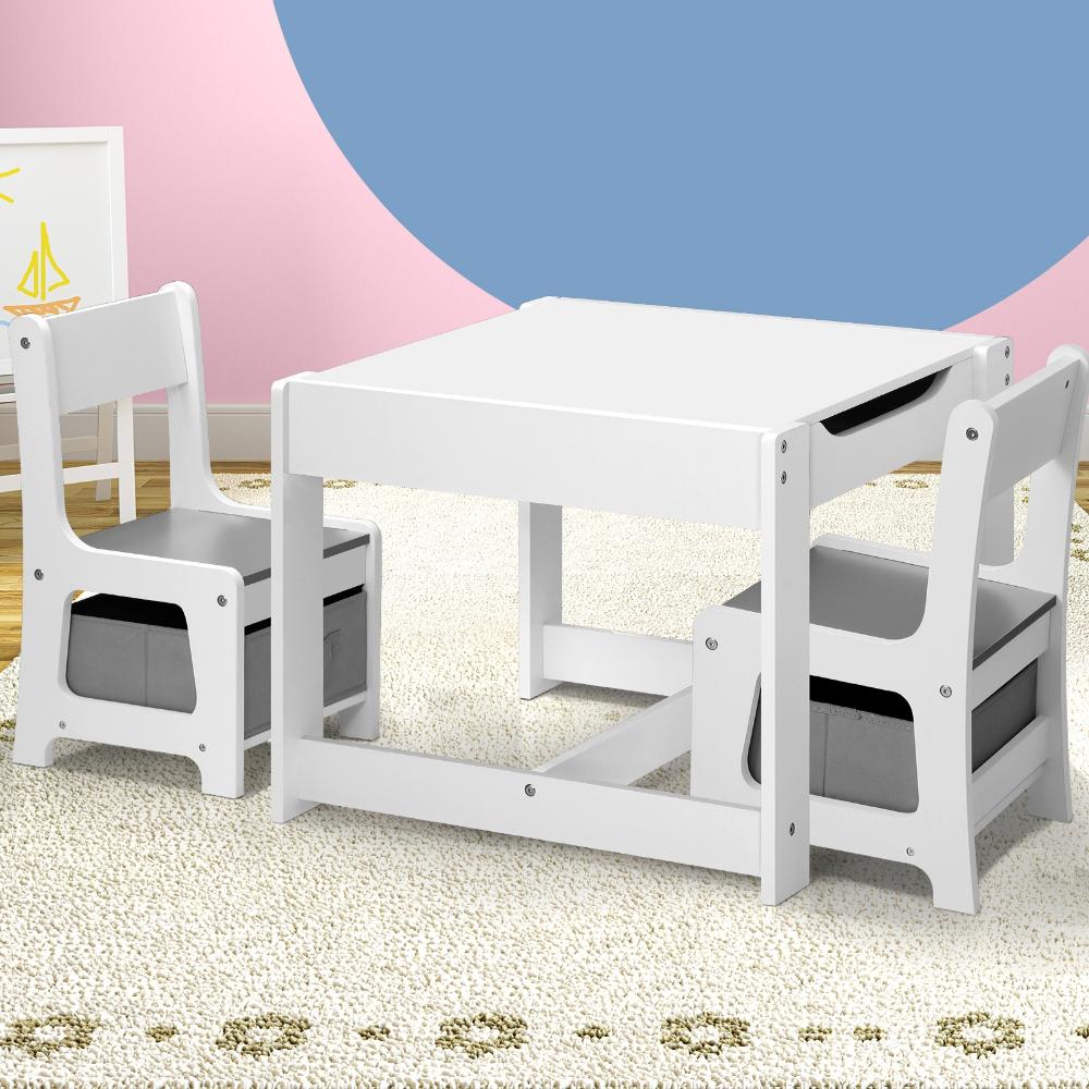 Oikiture Kids Table and Chairs Set Activity Play Study Desk w/ Toys Storage Box Grey-Kid Table Set-PEROZ Accessories