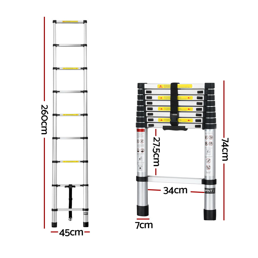 Giantz 2.6M Telescopic Ladder Aluminium Extension Extendable Steps Adjustable Height-Tools > Other Tools-PEROZ Accessories