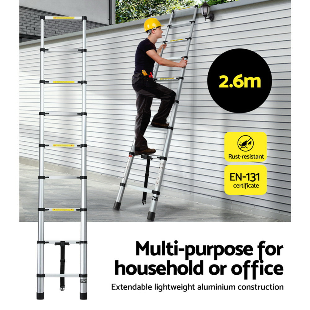 Giantz 2.6M Telescopic Ladder Aluminium Extension Extendable Steps Adjustable Height-Tools > Other Tools-PEROZ Accessories