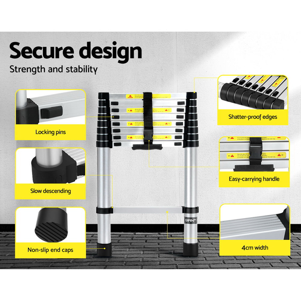 Giantz 2.6M Telescopic Ladder Aluminium Extension Extendable Steps Adjustable Height-Tools > Other Tools-PEROZ Accessories