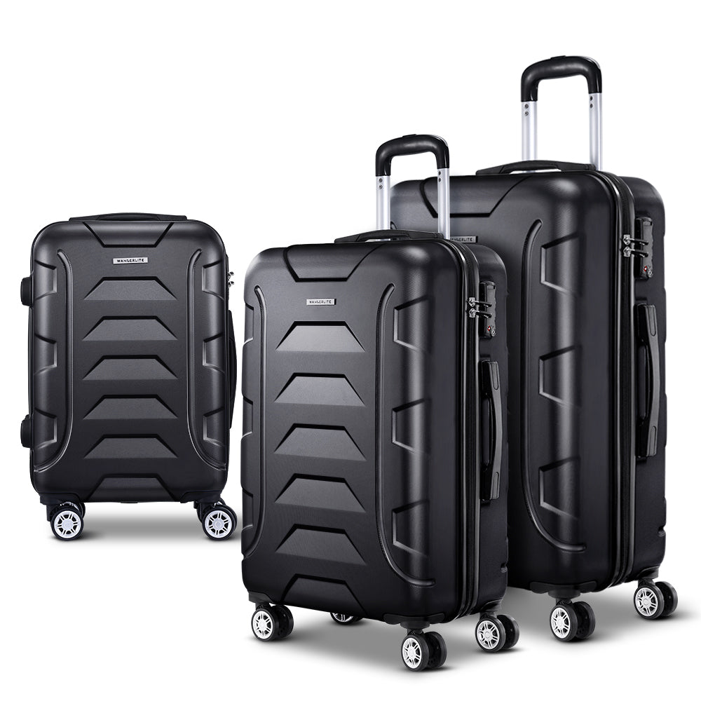 Wanderlite 3pc Luggage Trolley Travel Suitcase Set TSA Hard Case Lightweight Black-Luggage-PEROZ Accessories