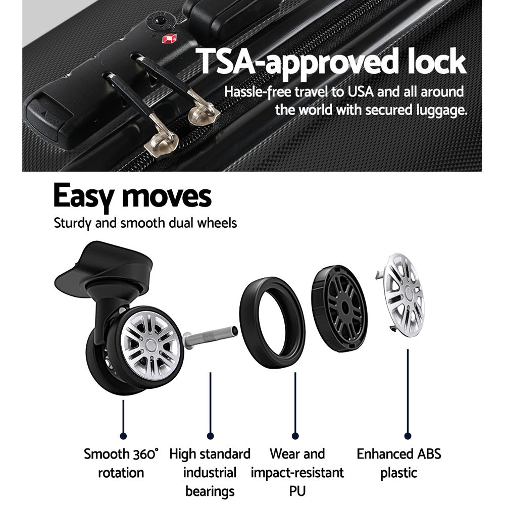 Wanderlite 24" 66cm Luggage Trolley Travel Set Suitcase Carry On Hard Case TSA Lock Lightweight Black-Luggage-PEROZ Accessories