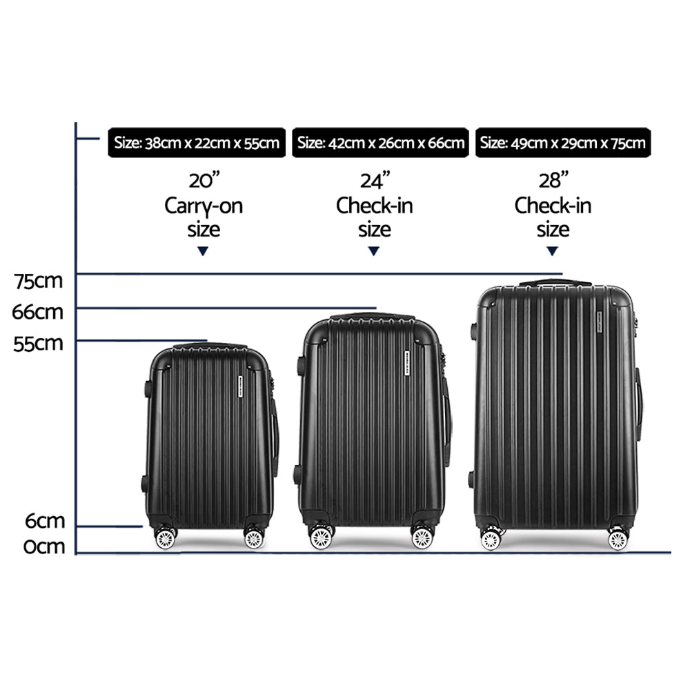 Wanderlite 3pcs Luggage Trolley Set Travel Suitcase Hard Case Carry On Bag Black-Luggage-PEROZ Accessories