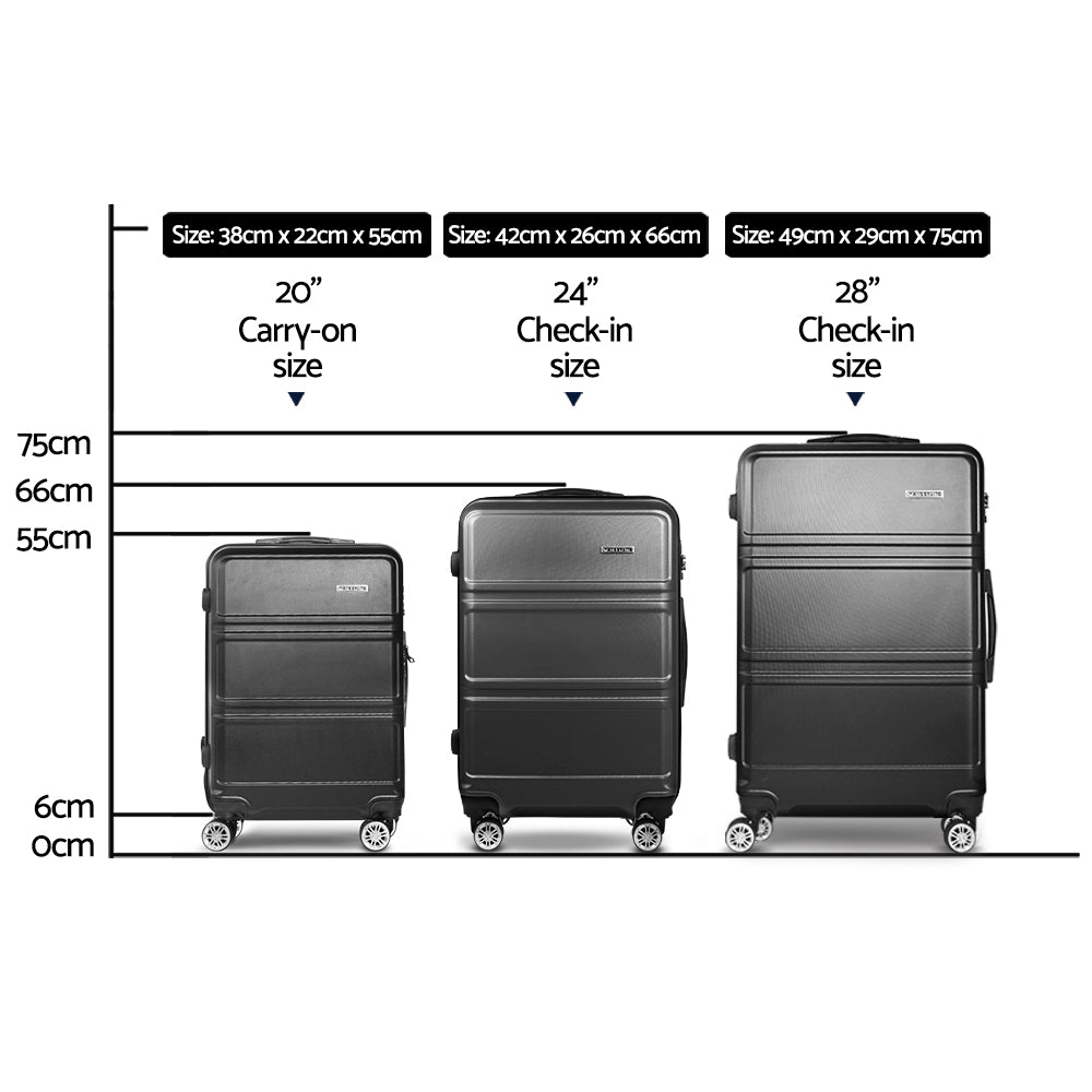 Wanderlite 3pc Luggage Trolley Set Suitcase Travel TSA Carry On Hard Case Lightweight Black-Luggage-PEROZ Accessories