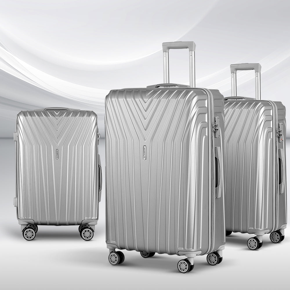 Wanderlite 75cm 3pc Luggage Trolley Suitcase Sets Travel TSA Hard Case Silver-Luggage-PEROZ Accessories