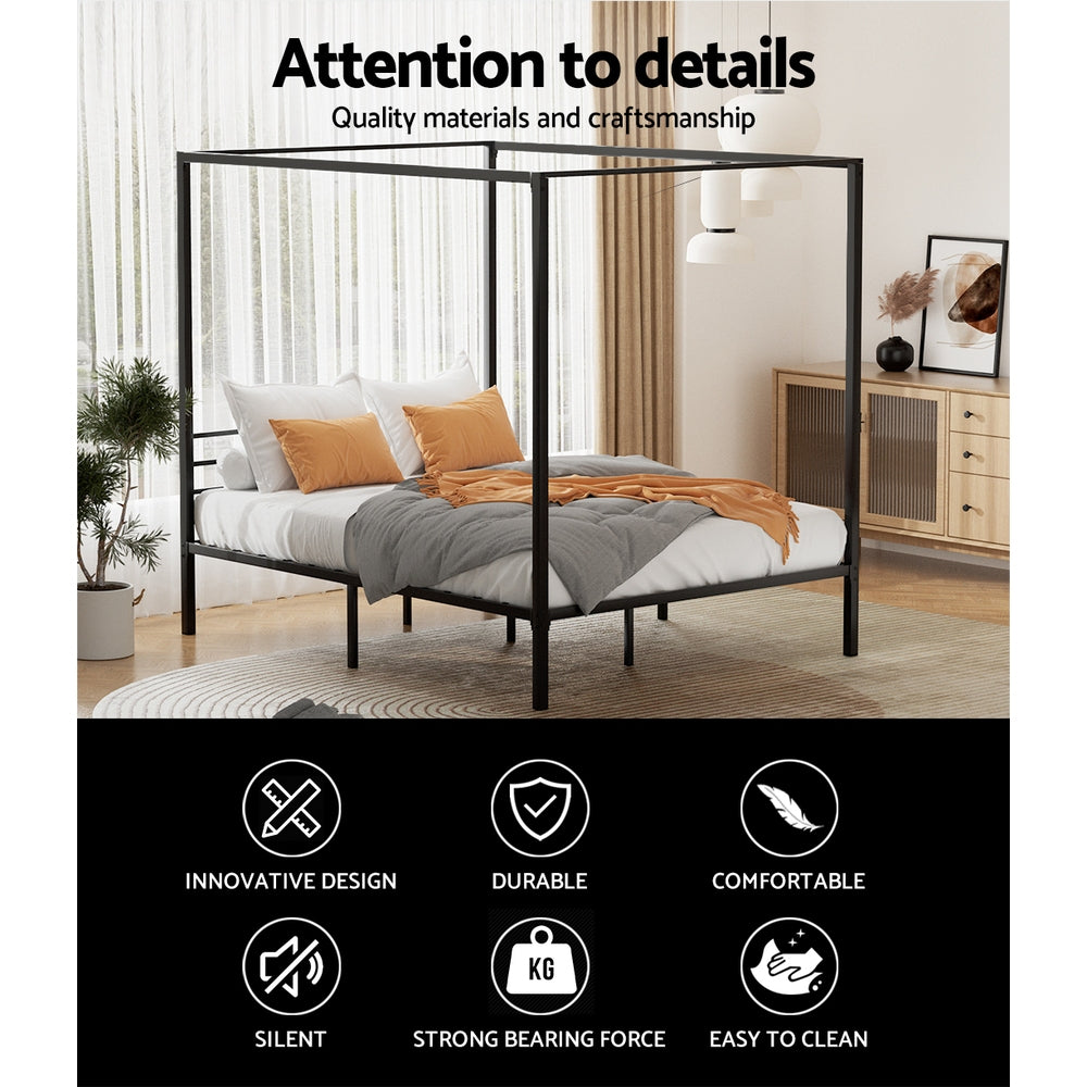 Artiss Bed Frame Metal Four-poster Platform Base Queen Size Black POCHY-Furniture &gt; Bedroom - Peroz Australia - Image - 6