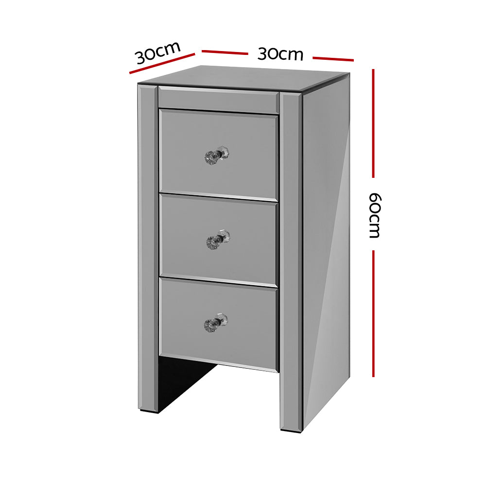 Artiss Mirrored Bedside Tables Drawers Crystal Chest Nightstand Glass Grey-Furniture > Bedroom - Peroz Australia - Image - 3