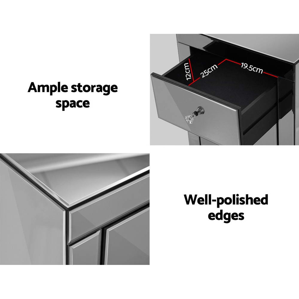 Artiss Mirrored Bedside Tables Drawers Crystal Chest Nightstand Glass Grey-Furniture > Bedroom - Peroz Australia - Image - 6