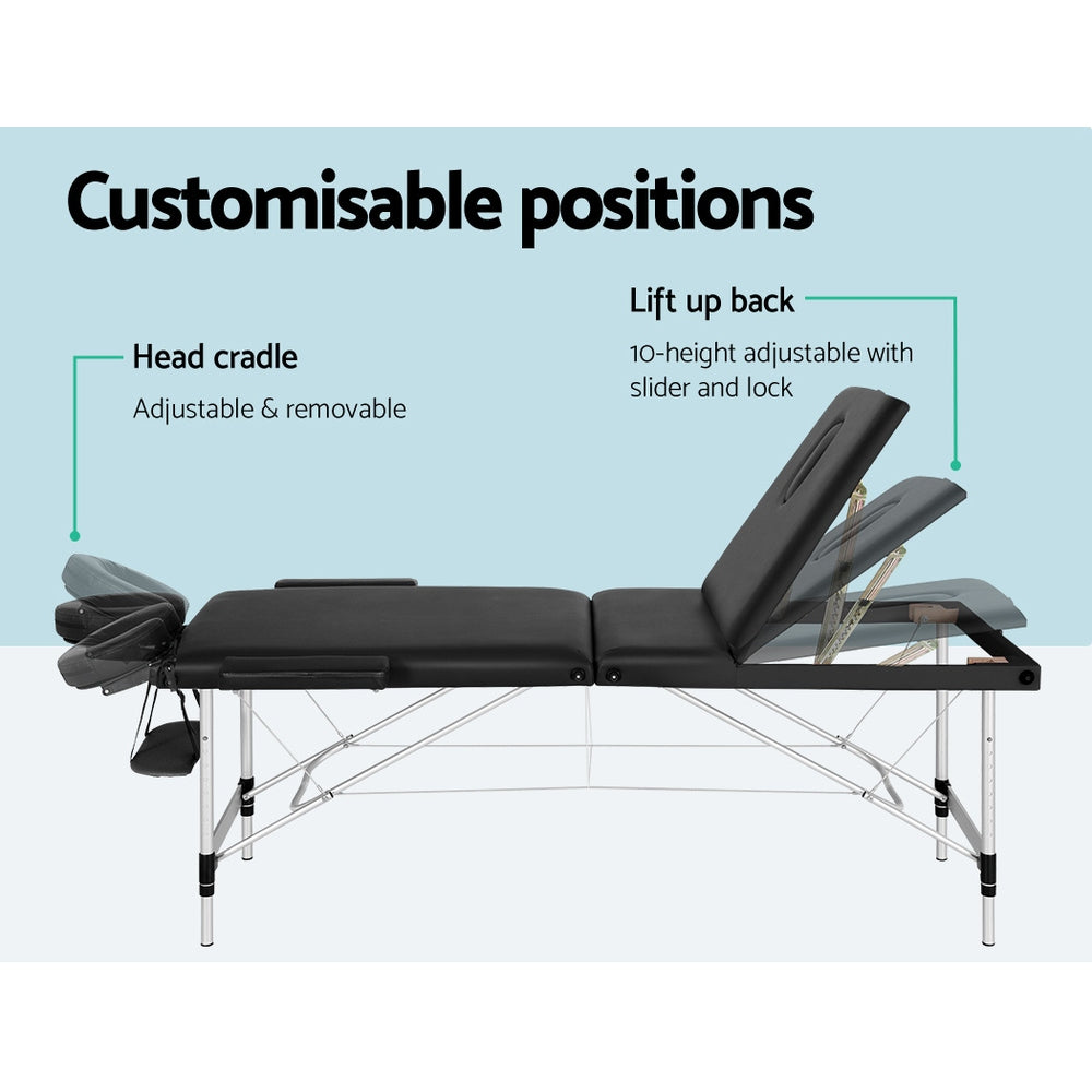 Zenses Massage Table 65cm Portable 3 Fold Aluminium Beauty Bed Black-Health & Beauty > Massage-PEROZ Accessories