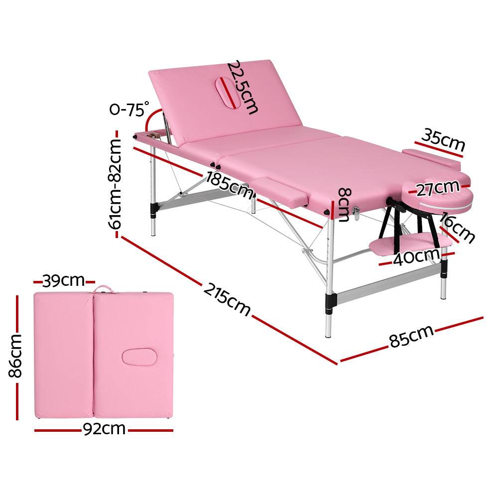 Zenses Massage Table 85cm Portable 3 Fold Aluminium Beauty Bed Pink-Health & Beauty > Massage-PEROZ Accessories