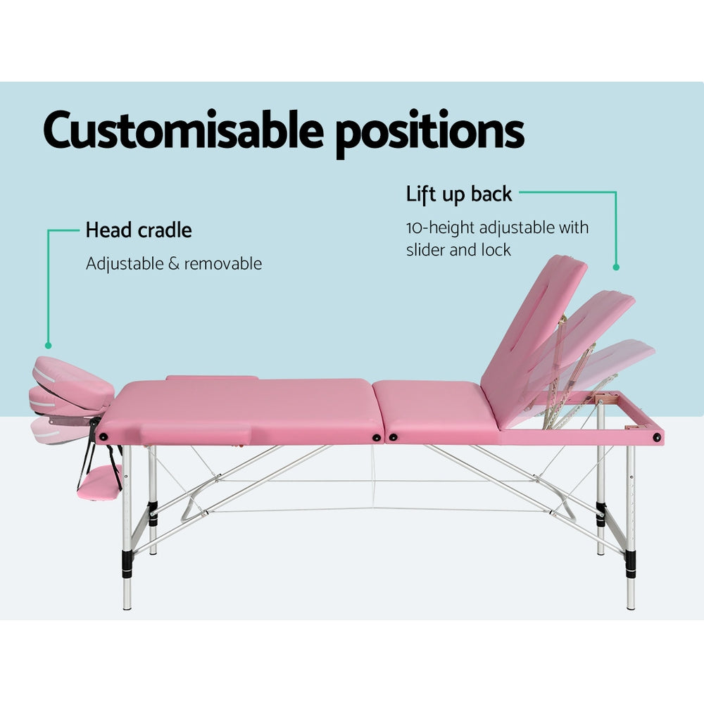 Zenses Massage Table 85cm Portable 3 Fold Aluminium Beauty Bed Pink-Health & Beauty > Massage-PEROZ Accessories