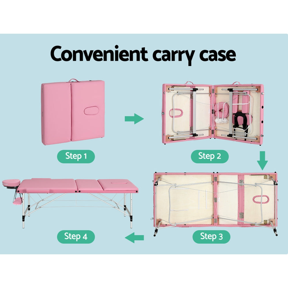 Zenses Massage Table 85cm Portable 3 Fold Aluminium Beauty Bed Pink-Health & Beauty > Massage-PEROZ Accessories