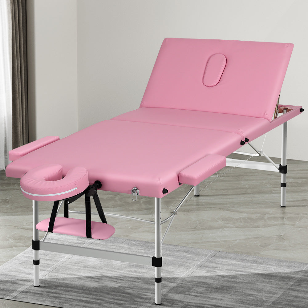 Zenses Massage Table 85cm Portable 3 Fold Aluminium Beauty Bed Pink-Health & Beauty > Massage-PEROZ Accessories