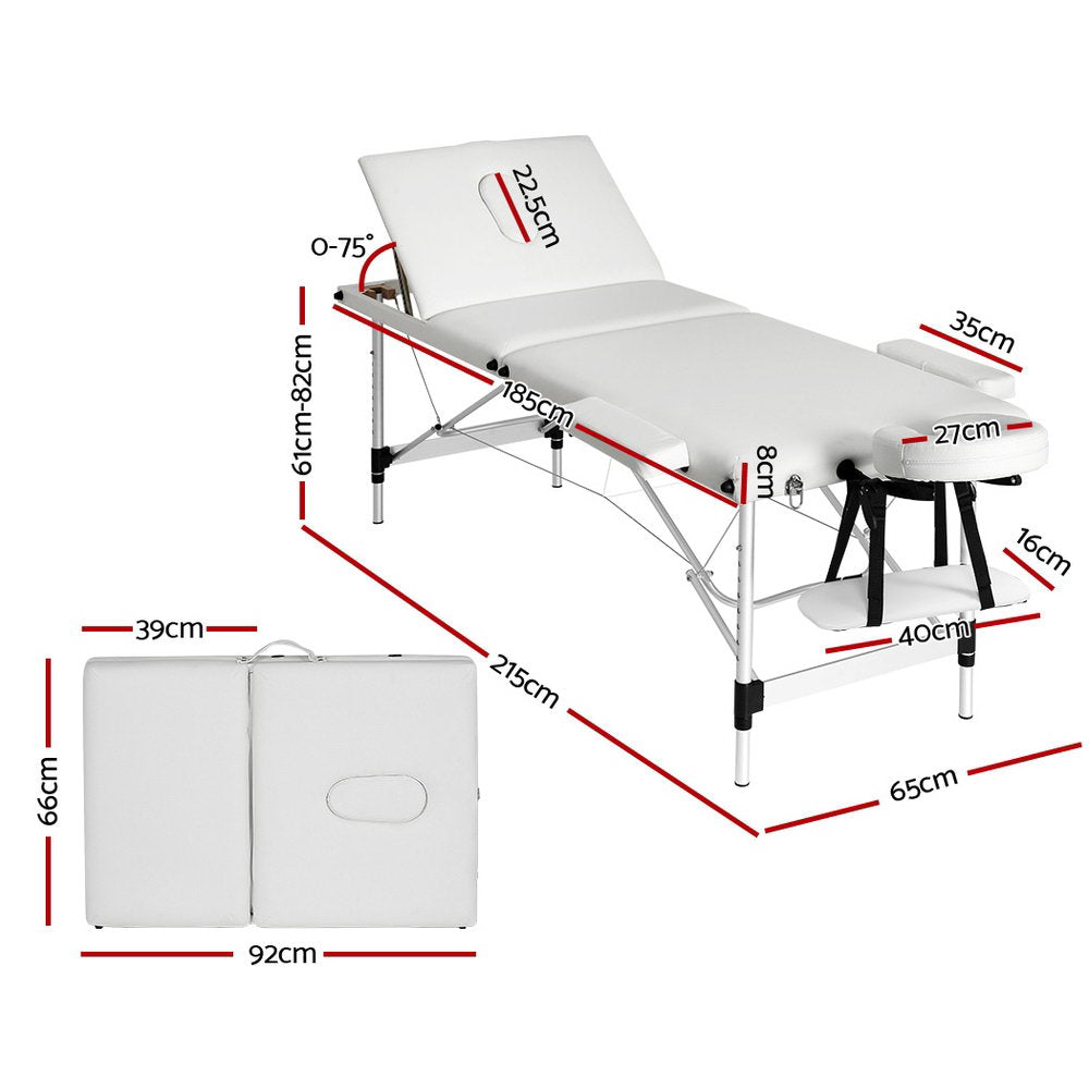 Zenses Massage Table 65cm Portable 3 Fold Aluminium Beauty Bed White-Health & Beauty > Massage-PEROZ Accessories