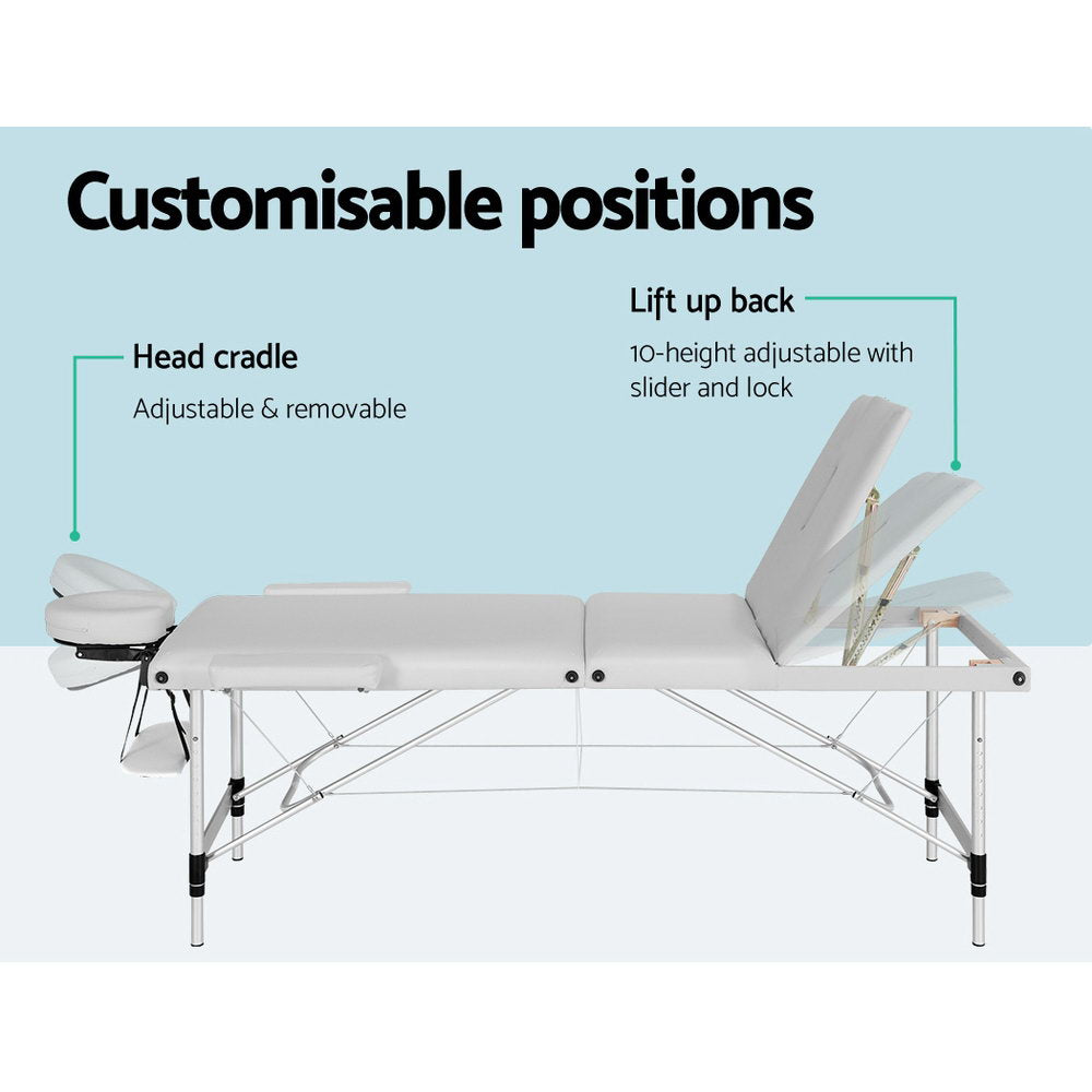Zenses Massage Table 65cm Portable 3 Fold Aluminium Beauty Bed White-Health & Beauty > Massage-PEROZ Accessories