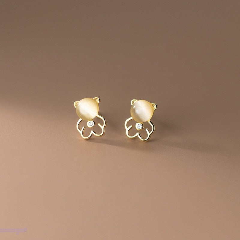 Anyco Fashion Earrings Sterling Silver Cute Opal Hollow Bear Small Earrings for Women Fashion Hip Hop Animal Jewelry Ear Bone Accessories-Earrings-PEROZ Accessories