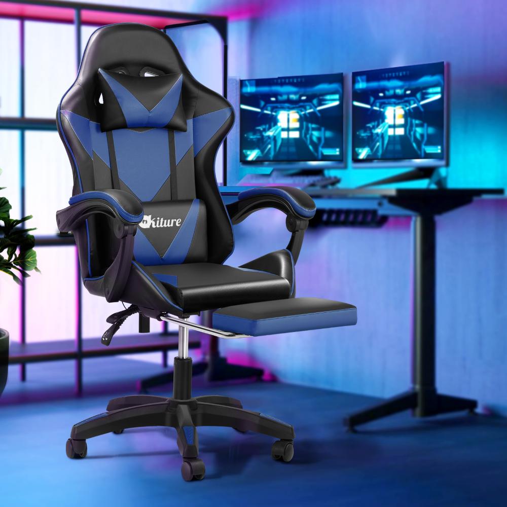 Oikiture Gaming Chair with Massage and 135¡ Recline, Executive Office Chair PU Leather Racing Chair with Footrest, Height Adjustable SGS Listed Gas-Lift, 160kg Capacity (Black&Blue)-Racing Gaming Chair-PEROZ Accessories