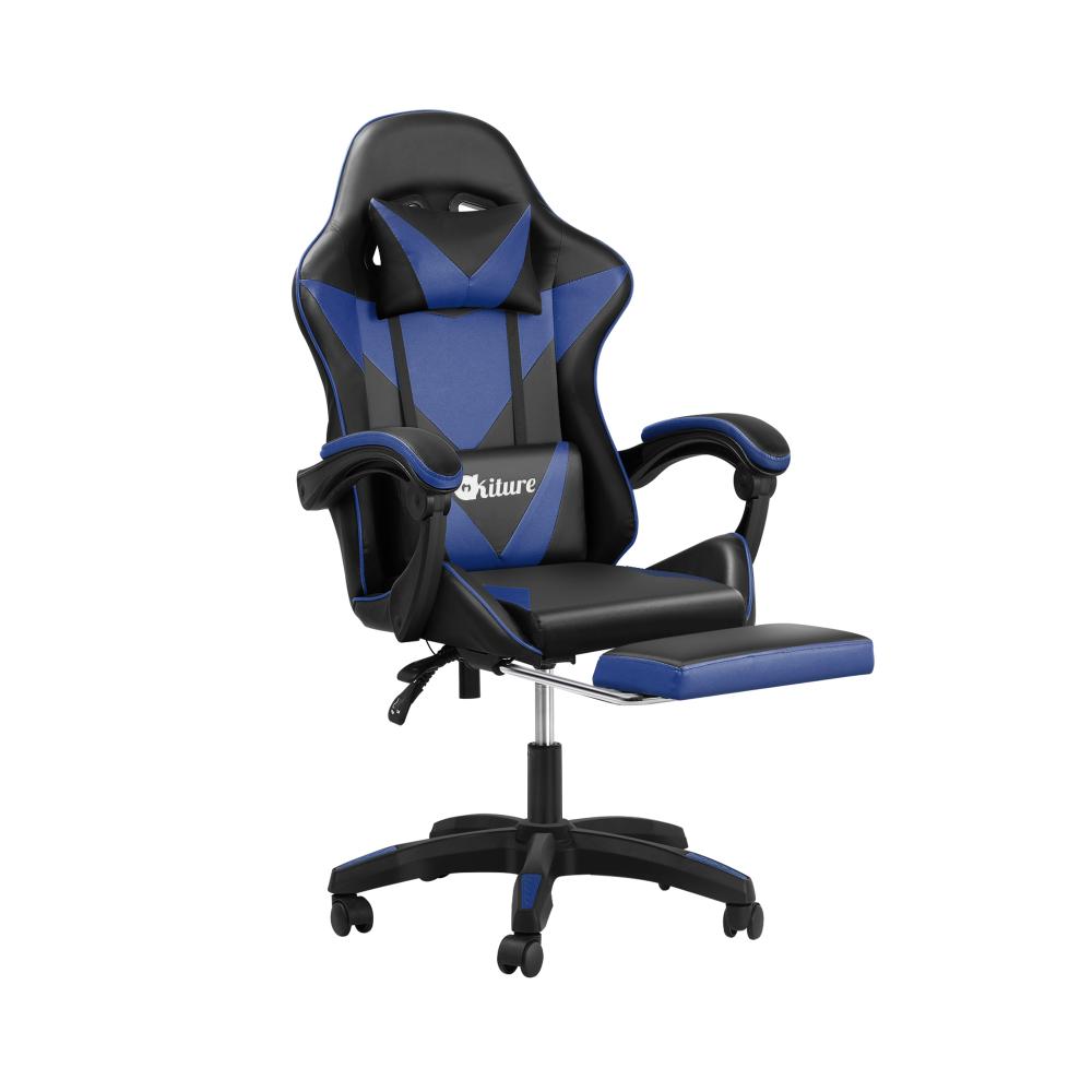 Oikiture Gaming Chair with Massage and 135¡ Recline, Executive Office Chair PU Leather Racing Chair with Footrest, Height Adjustable SGS Listed Gas-Lift, 160kg Capacity (Black&Blue)-Racing Gaming Chair-PEROZ Accessories