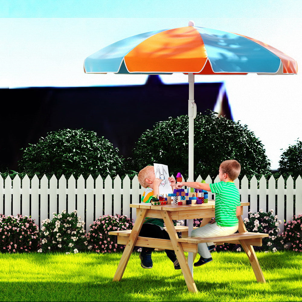 Keezi Kids Outdoor Table and Chairs Picnic Bench Set Umbrella Water Sand Pit Box-Baby & Kids > Kid&