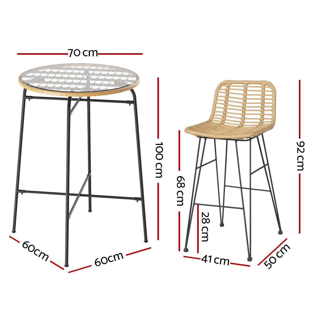 Gardeon 3 PCS Outdoor Bar Set Wicker Dining Bistro Patio Table Chairs Set Steel-Furniture > Outdoor-PEROZ Accessories