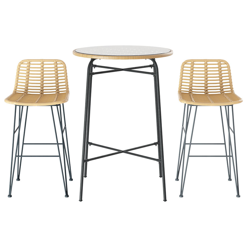 Gardeon 3 PCS Outdoor Bar Set Wicker Dining Bistro Patio Table Chairs Set Steel-Furniture > Outdoor-PEROZ Accessories