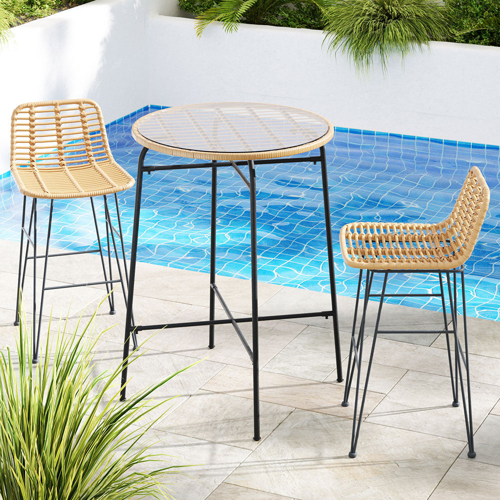 Gardeon 3 PCS Outdoor Bar Set Wicker Dining Bistro Patio Table Chairs Set Steel-Furniture > Outdoor-PEROZ Accessories