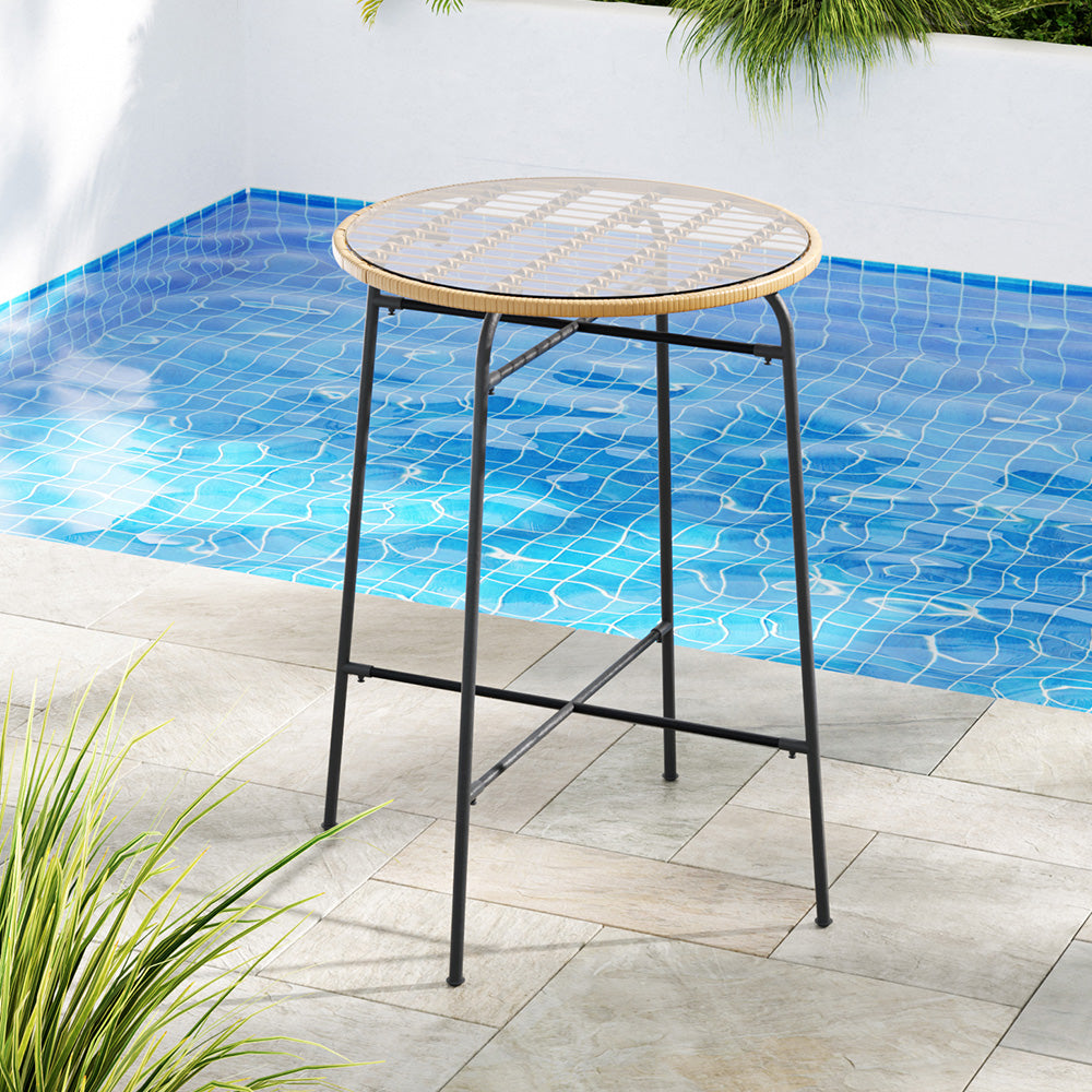 Gardeon Outdoor Bar Table Wicker Dining Bistro Patio Balcony Glass Table Steel-Furniture > Outdoor-PEROZ Accessories