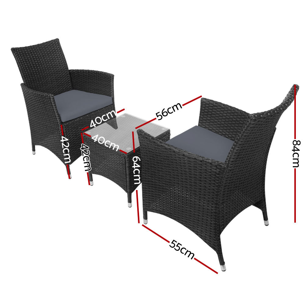 Gardeon 3 Piece Wicker Outdoor Furniture Set - Black-Furniture > Outdoor-PEROZ Accessories