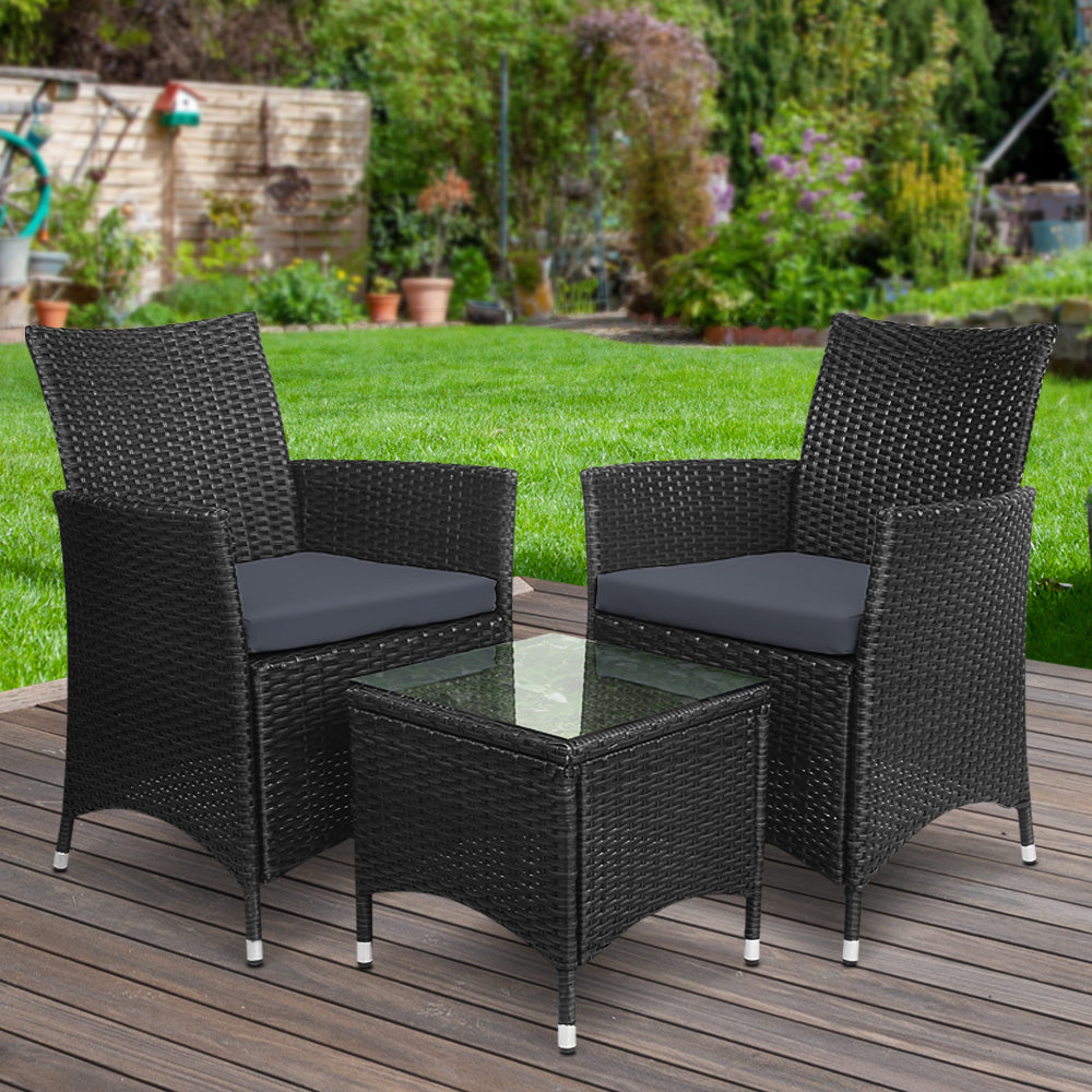 Gardeon 3 Piece Wicker Outdoor Furniture Set - Black-Furniture > Outdoor-PEROZ Accessories