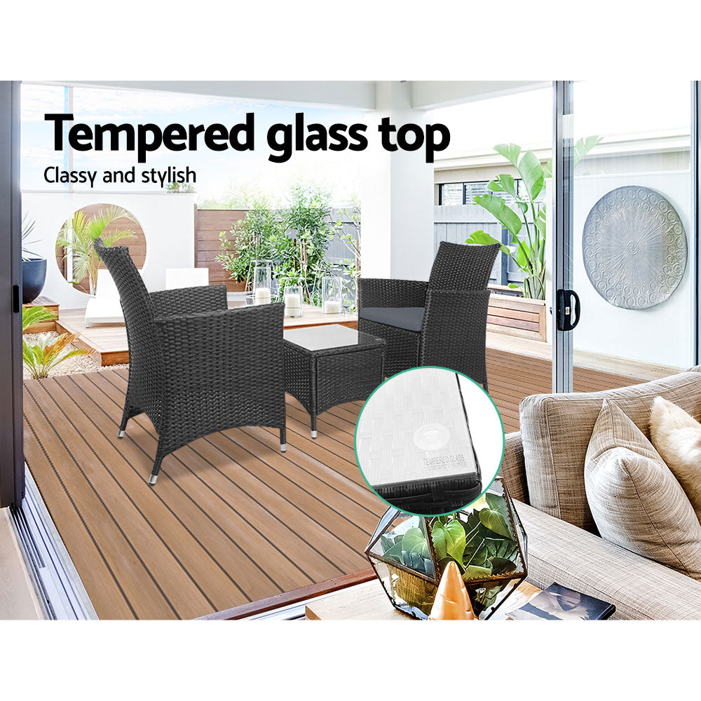 Gardeon 3 Piece Wicker Outdoor Furniture Set - Black-Furniture > Outdoor-PEROZ Accessories