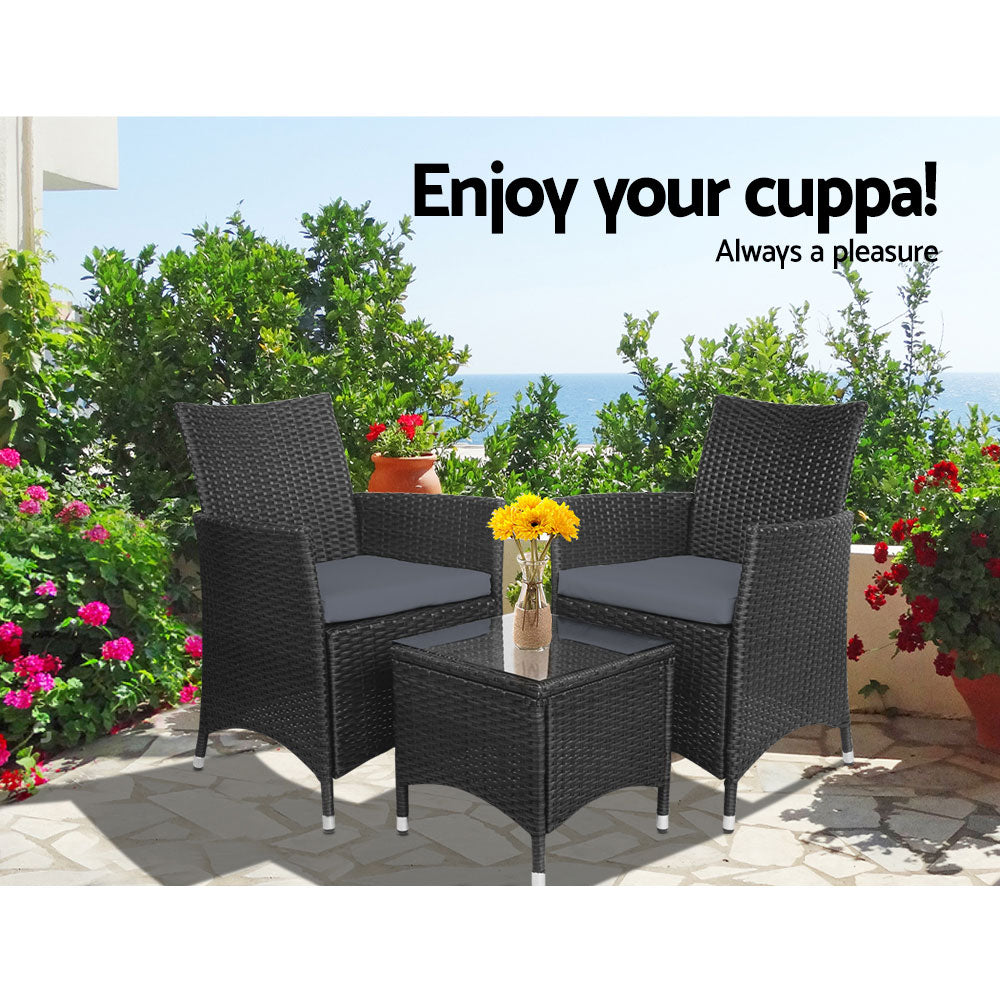 Gardeon 3 Piece Wicker Outdoor Furniture Set - Black-Furniture > Outdoor-PEROZ Accessories