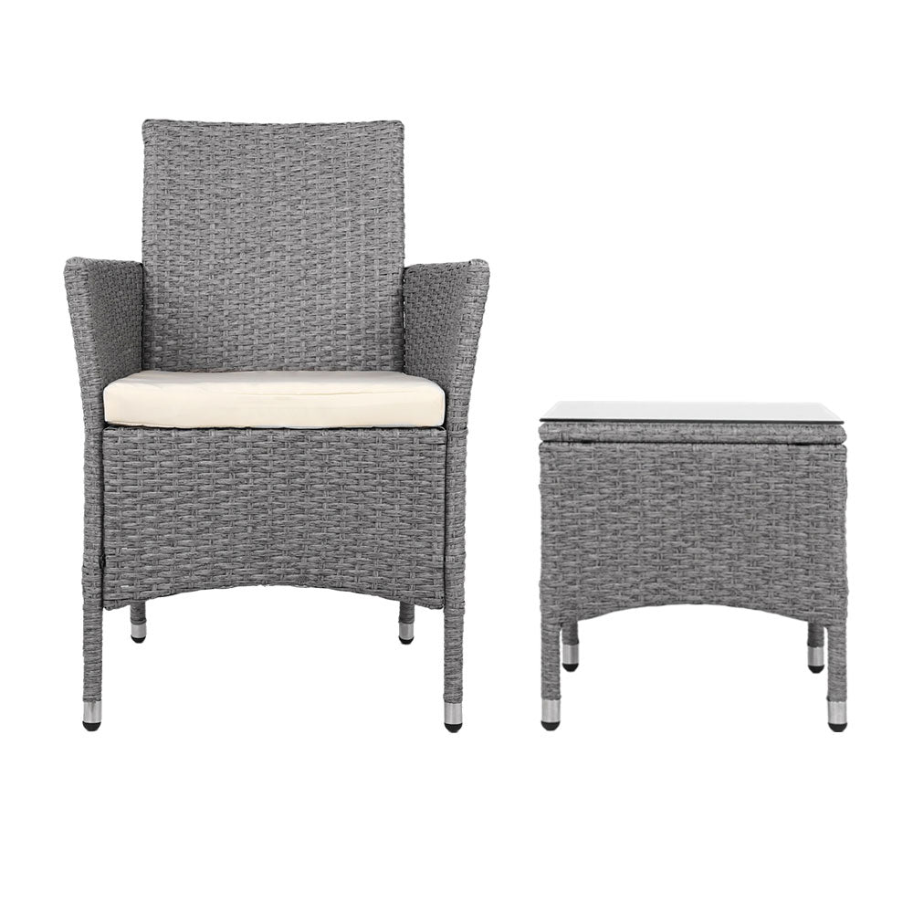 3 Piece Wicker Outdoor Chair Side Table Furniture Set - Grey-Furniture > Outdoor-PEROZ Accessories