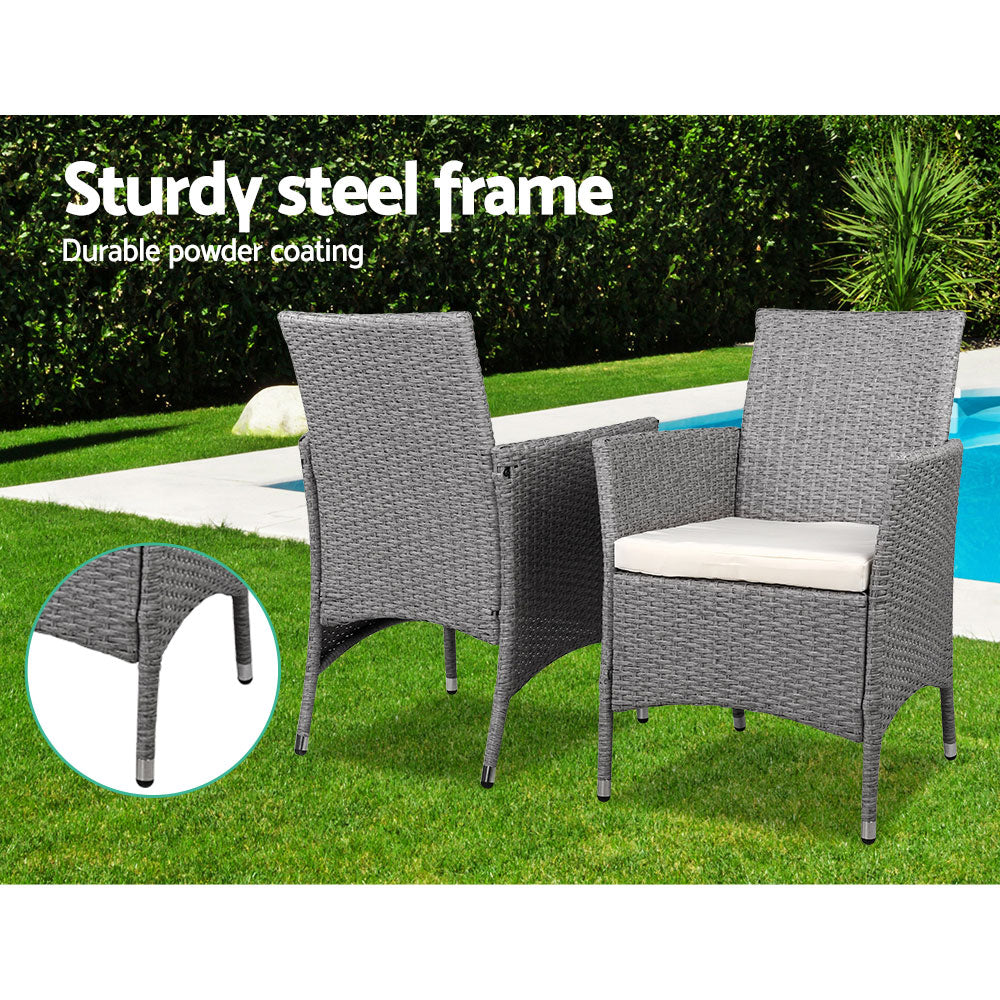 3 Piece Wicker Outdoor Chair Side Table Furniture Set - Grey-Furniture > Outdoor-PEROZ Accessories