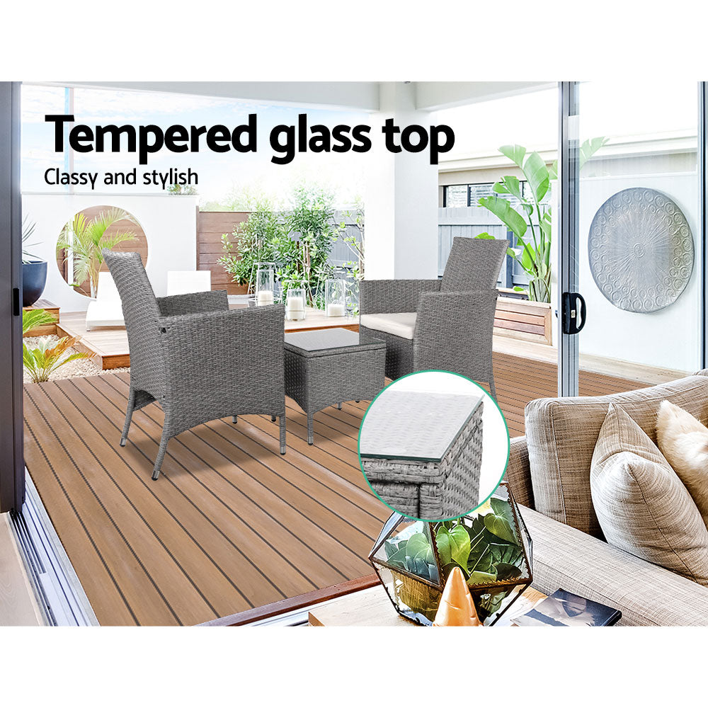 3 Piece Wicker Outdoor Chair Side Table Furniture Set - Grey-Furniture > Outdoor-PEROZ Accessories