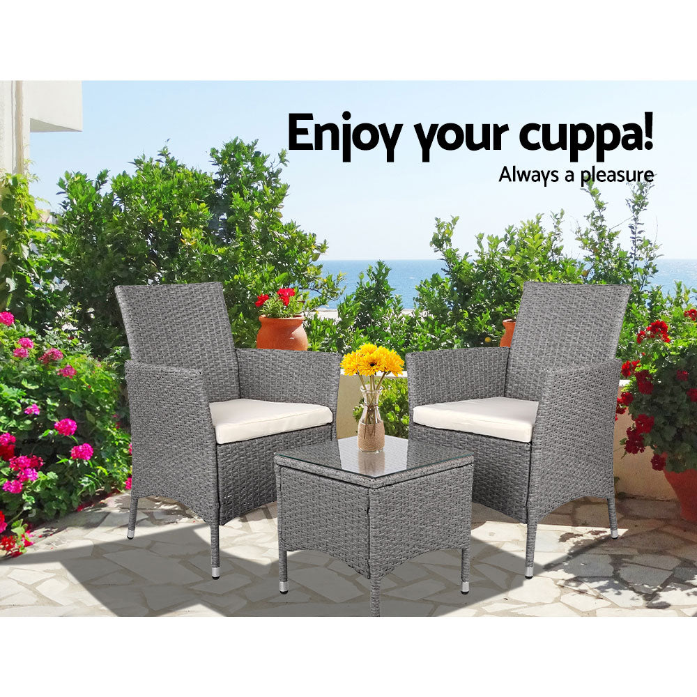 3 Piece Wicker Outdoor Chair Side Table Furniture Set - Grey-Furniture > Outdoor-PEROZ Accessories