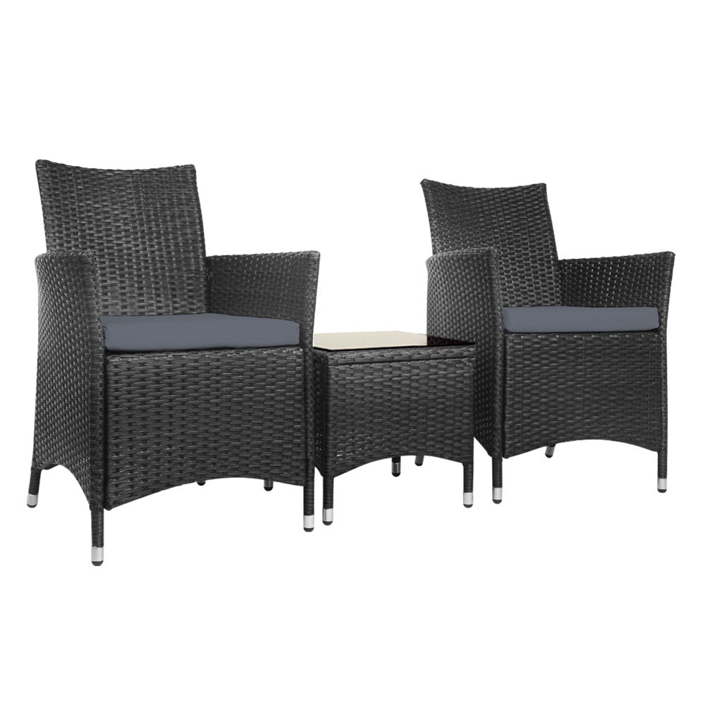 Gardeon 3pc Bistro Wicker Outdoor Furniture Set Black-Furniture > Outdoor-PEROZ Accessories