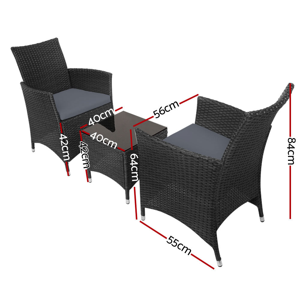 Gardeon 3pc Bistro Wicker Outdoor Furniture Set Black-Furniture > Outdoor-PEROZ Accessories