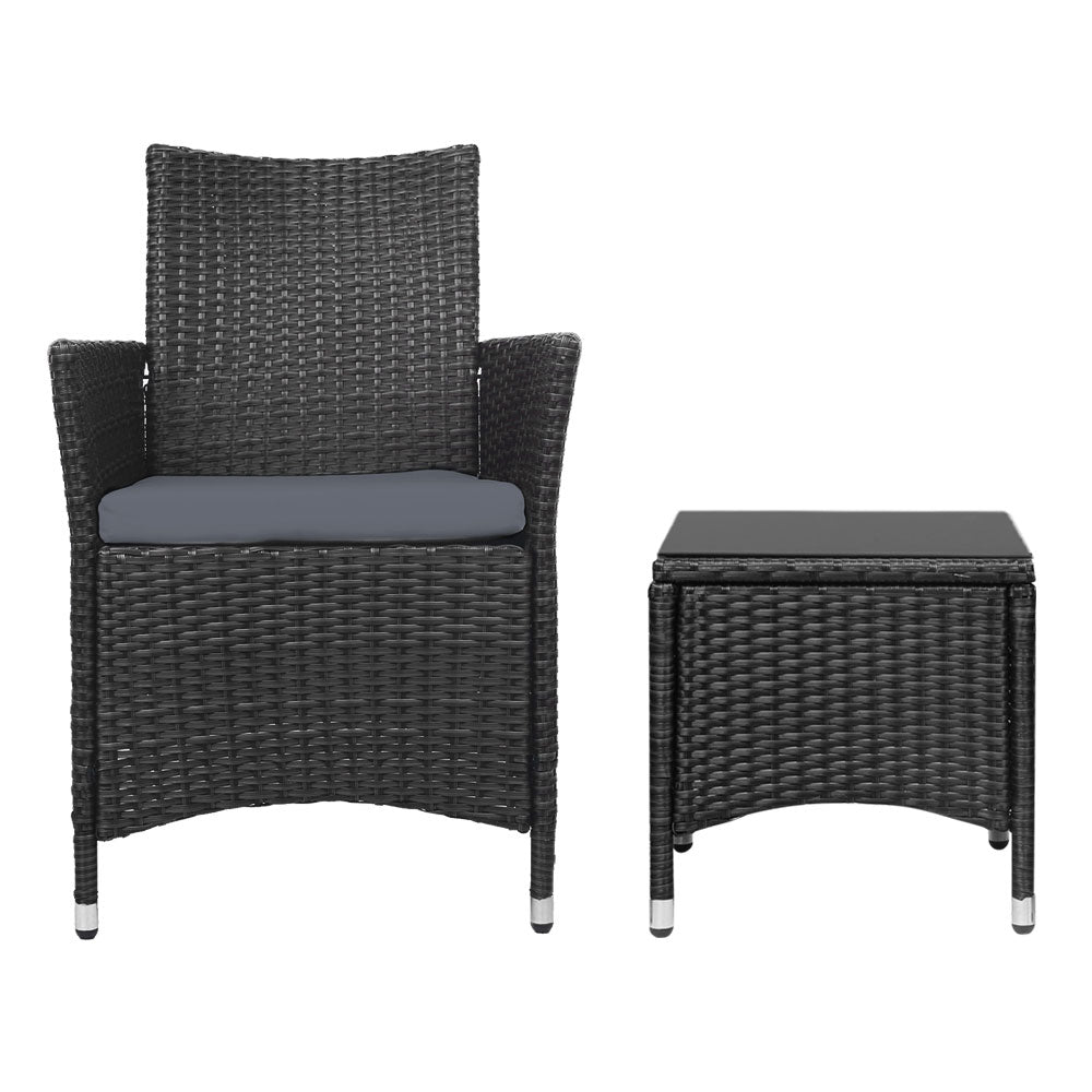 Gardeon 3pc Bistro Wicker Outdoor Furniture Set Black-Furniture > Outdoor-PEROZ Accessories
