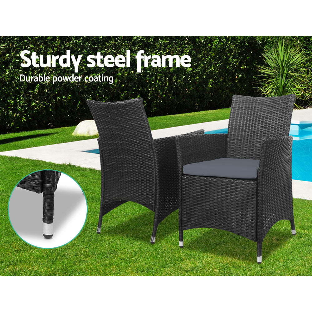 Gardeon 3pc Bistro Wicker Outdoor Furniture Set Black-Furniture > Outdoor-PEROZ Accessories