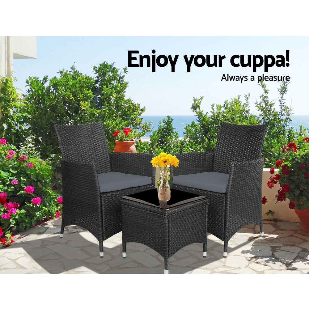 Gardeon 3pc Bistro Wicker Outdoor Furniture Set Black-Furniture > Outdoor-PEROZ Accessories