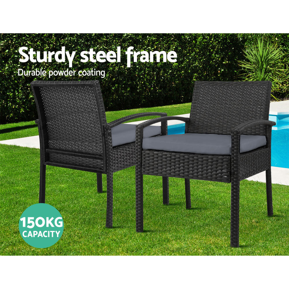 Set of 2 Outdoor Dining Chairs Wicker Chair Patio Garden Furniture Lounge Setting Bistro Set Cafe Cushion Gardeon Black-Furniture > Outdoor-PEROZ Accessories