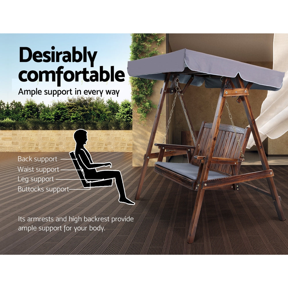 Gardeon Outdoor Wooden Swing Chair Garden Bench Canopy Cushion 2 Seater Charcoal-Swing Chairs-PEROZ Accessories
