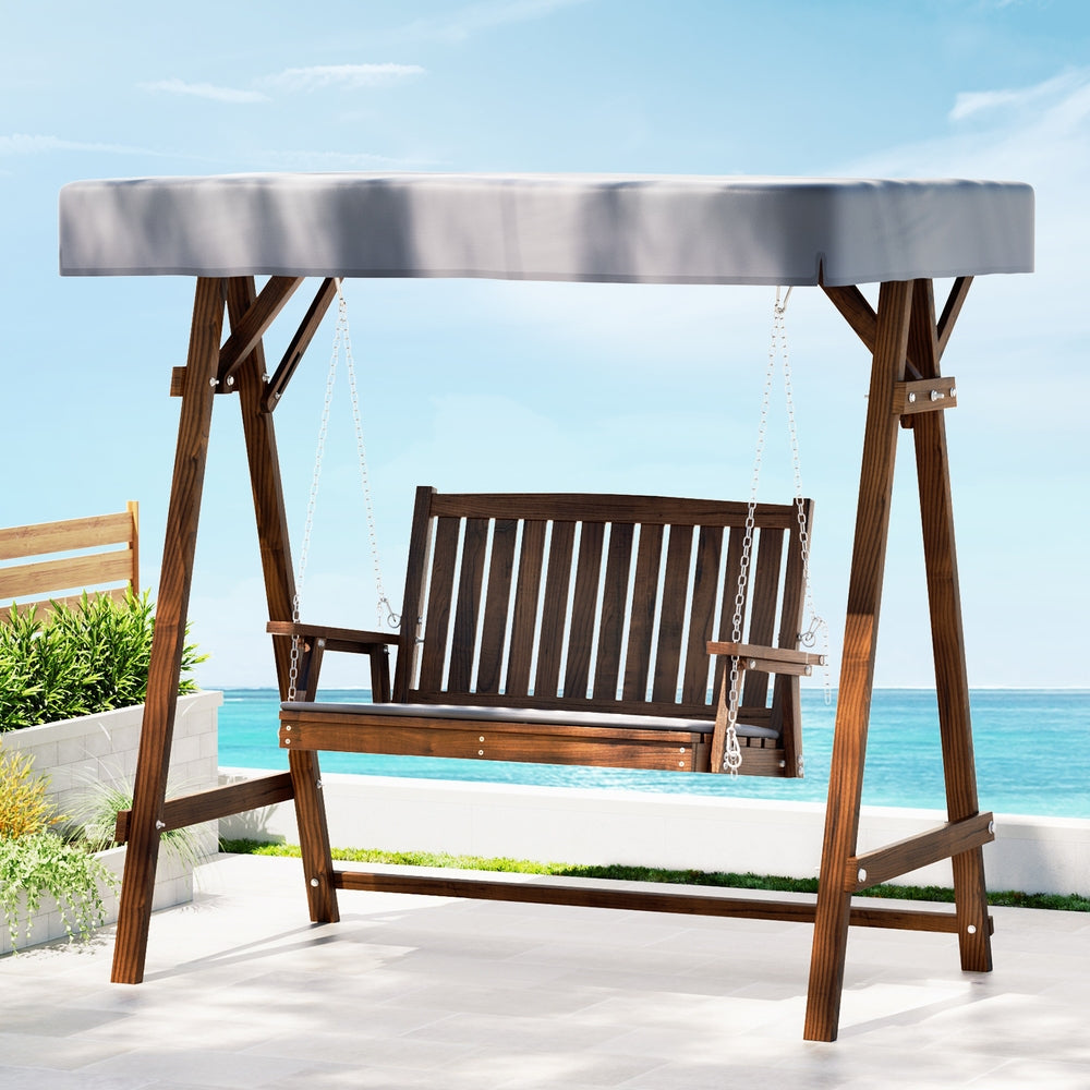 Gardeon Outdoor Wooden Swing Chair Garden Bench Canopy Cushion 2 Seater Charcoal-Swing Chairs-PEROZ Accessories