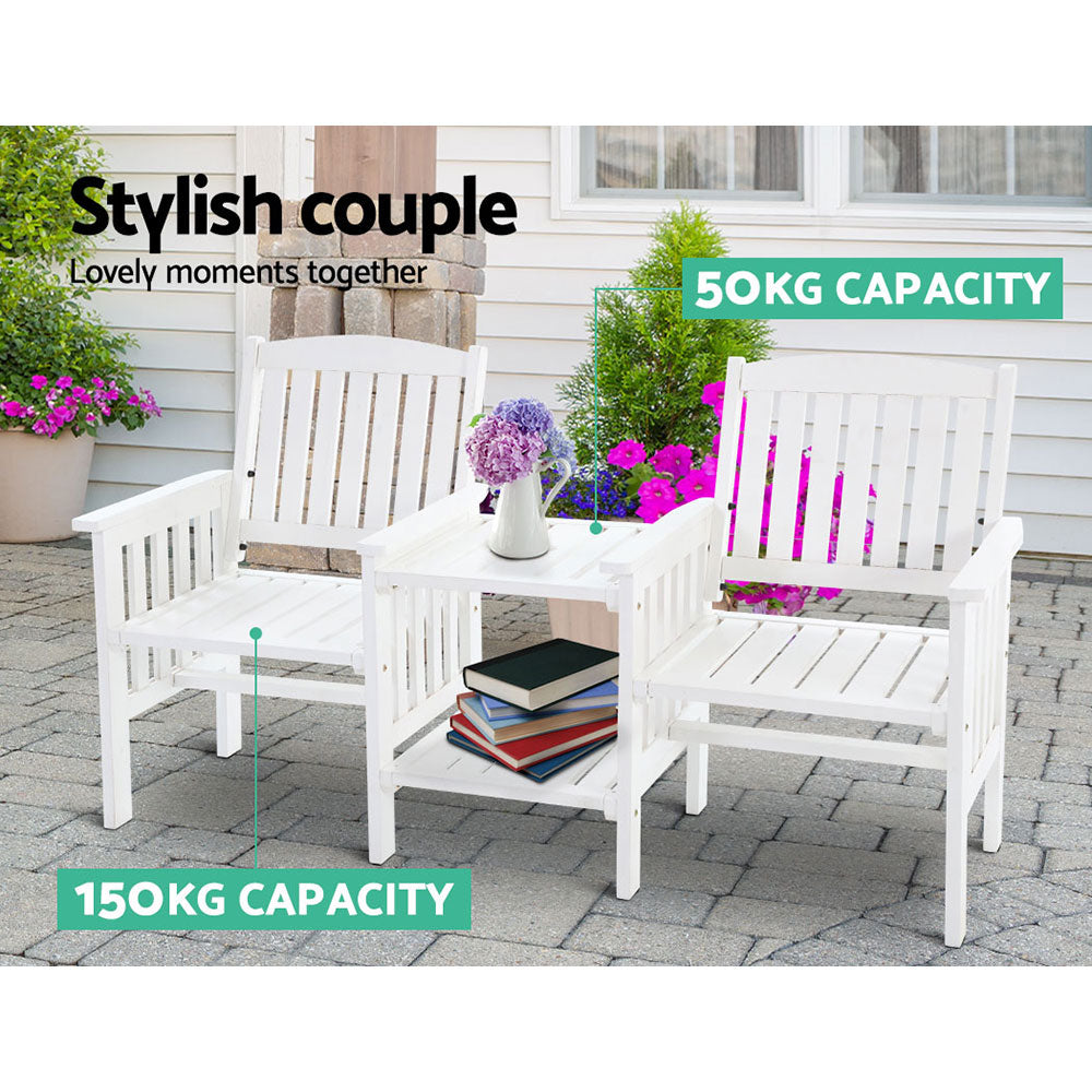 Gardeon Outdoor Garden Bench Loveseat Wooden Table Chairs Patio Furniture White-Outdoor Benches-PEROZ Accessories